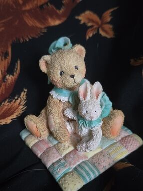 Cherished Teddies Beige Bear and White Bunny on Pastel Quilt